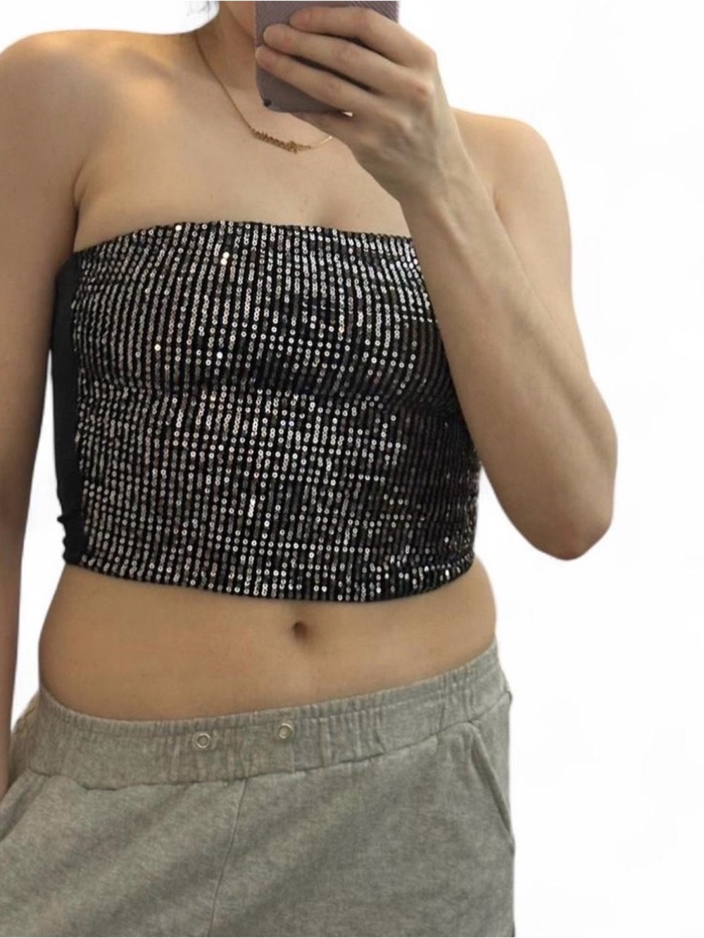 Black Sequin Embellished Strapless Crop Tube Top w/ Velvet Back Women’s Small